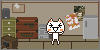 A simple warm room with posters on the walls. A white cat does jumping jacks in the middle of it.
