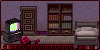 A brown and purple room with a flitched out tv showing an eye and an error. There is also a bed, a game console and a bookshelf.