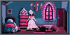 A pink and blue room with a flaming chandelier, a bed, a dresser, and an open door. A shost floats in the center of the room wearing a white dress.