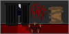 A black room with red carpet. A full moon peeks through the black curtains. The door is boarded up. 666 is painted on the wall in blood and a pentagram is drawn on the floor in black and framed with 5 candles.