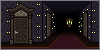 A dark hallway with decorative wallpaper, the shaped within the wallpaper have eyes that blink. The doors are ornate wood and the carped is a dep burgundy. A floating candelabra is off in the dark distance of the hallway.