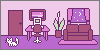A pastel pink, brown and purple room. There is a computer, twinkling moon and stars out the window, a couch and a tiny white cat.