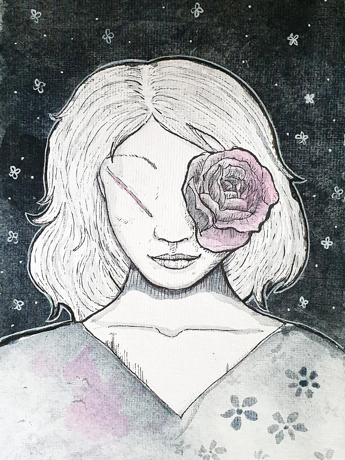 Someone with a mastectomy scar for an eye and the other is a rose.