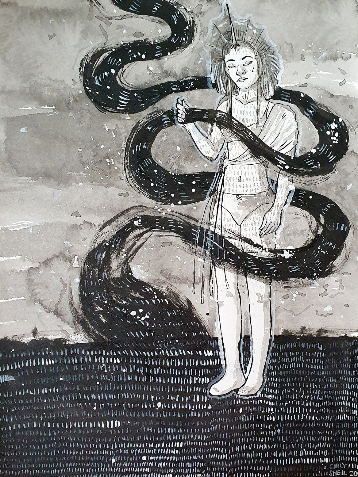 Someone holding their hair and so many strokes.