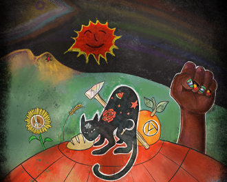 Various activist symbols together in a scene.