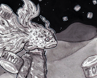 A fish person surrounded by tuna cans.