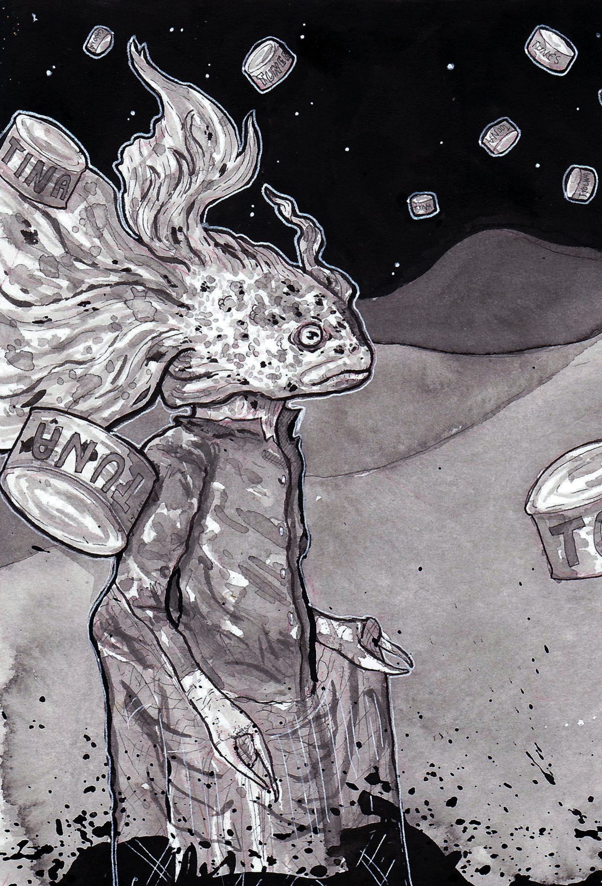 A sad fish man wrapped up in nets and surrounded by falling tuna cans in a desert.