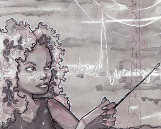 A woman holding a radio.