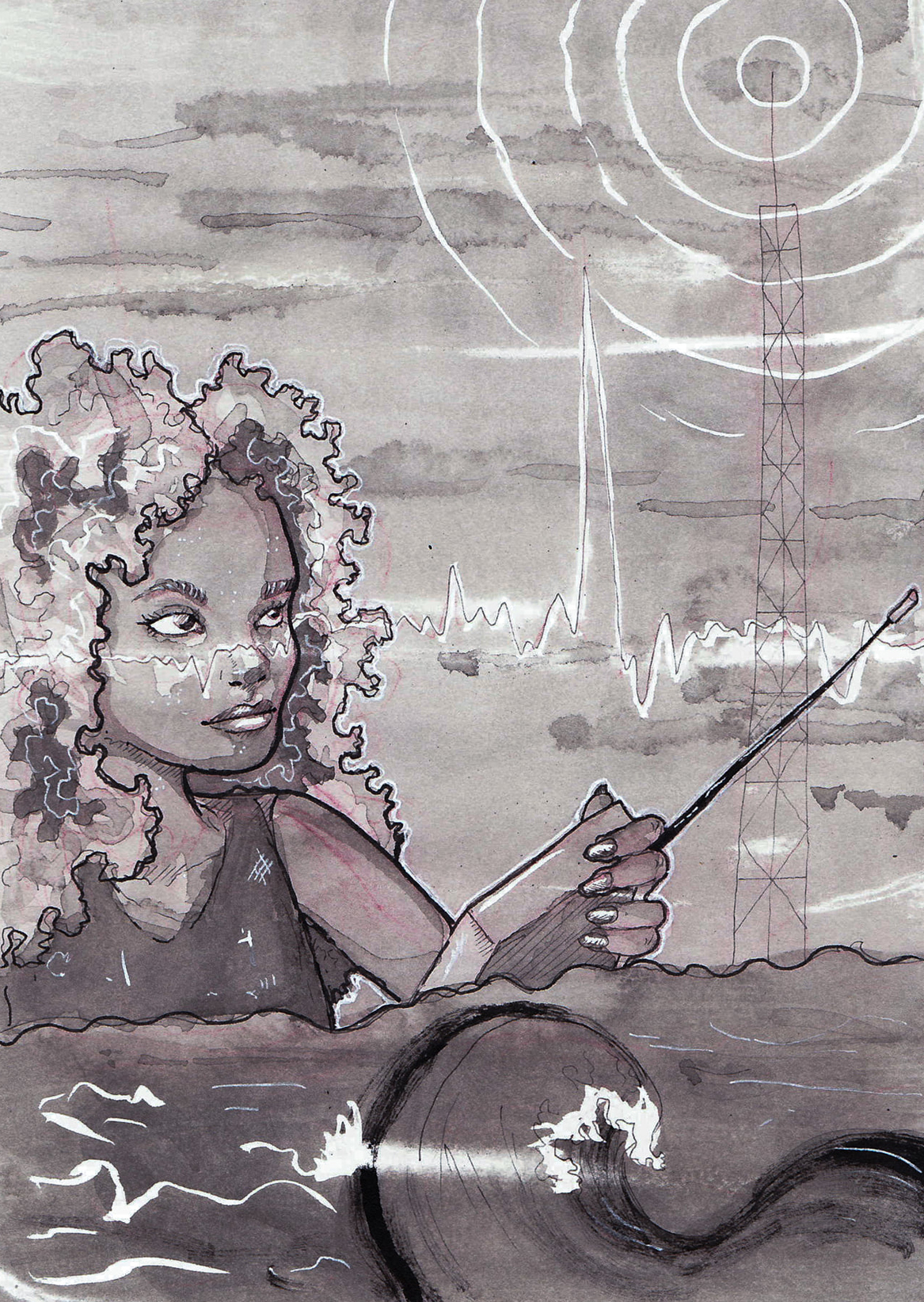 A woman holding a radio as radio waves and ocean waves flow past.