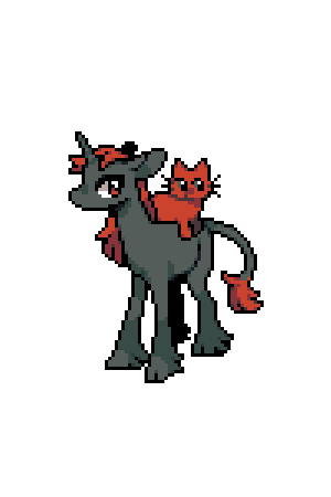 A red and black unicorn with a cat on its back