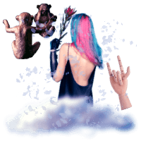 A person with blue and pink hair floats out of a cloud, she has one prosthetic arm holding a flower. A wooden hand floats nearby making the sign language word for 'love', and there are also two monkey figurines having a conversation, one is blind.