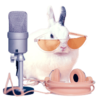 A white rabbit wearing influencer sunglasses sits behind a streamer's microphone and headphones.