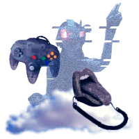 Someone wearing a virtual reality headset floating out of a cloud. An N64 controller and a retro telephone shaped like a mouth float around them.