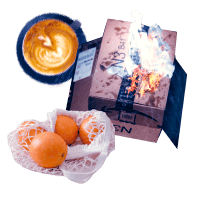 Coffee, oranges and a burning Amazon package.