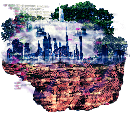 A Utopia, depicted as a city of code and clouds on a floating island.