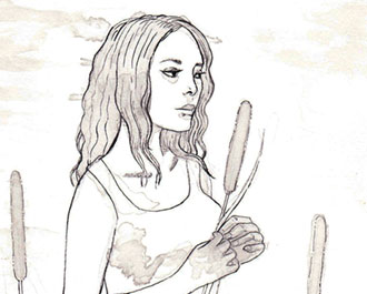 A drawing of a woman in the marshes holding a cattail.