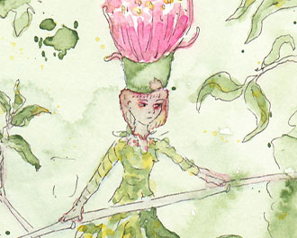 A painting of a bush fairy on a tightwalk with an Australian native flower for a hat.